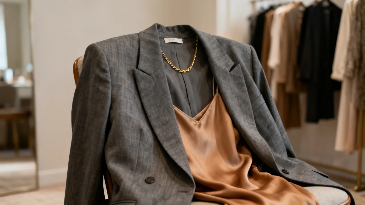 Stylish oversized blazer, a key celebrity wardrobe staple, with a silk camisole in a minimalist setting.