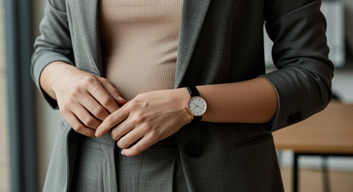Professional woman in tailored blazer and trousers with subtle accessories