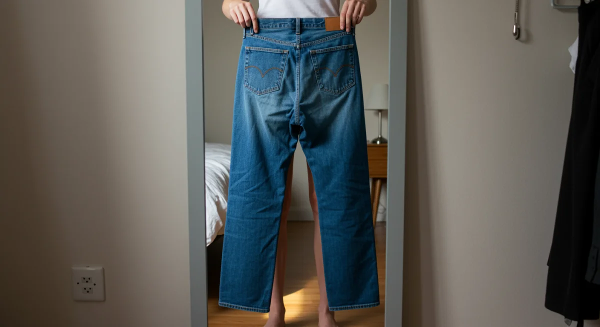 Person trying on classic denim jeans in a minimalist bedroom, focusing on fit