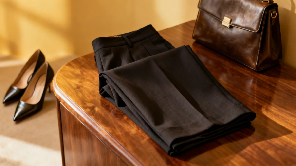 Elegant wide-leg trousers, a versatile celebrity wardrobe essential, paired with high heels and a handbag.