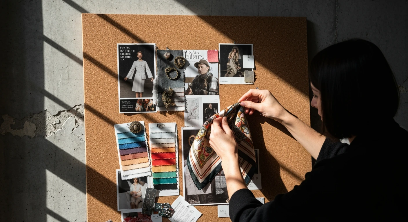 Close-up of hands pinning a vintage silk scarf to a cork mood board filled with fabric swatches and images, illustrating the process of defining personal style.