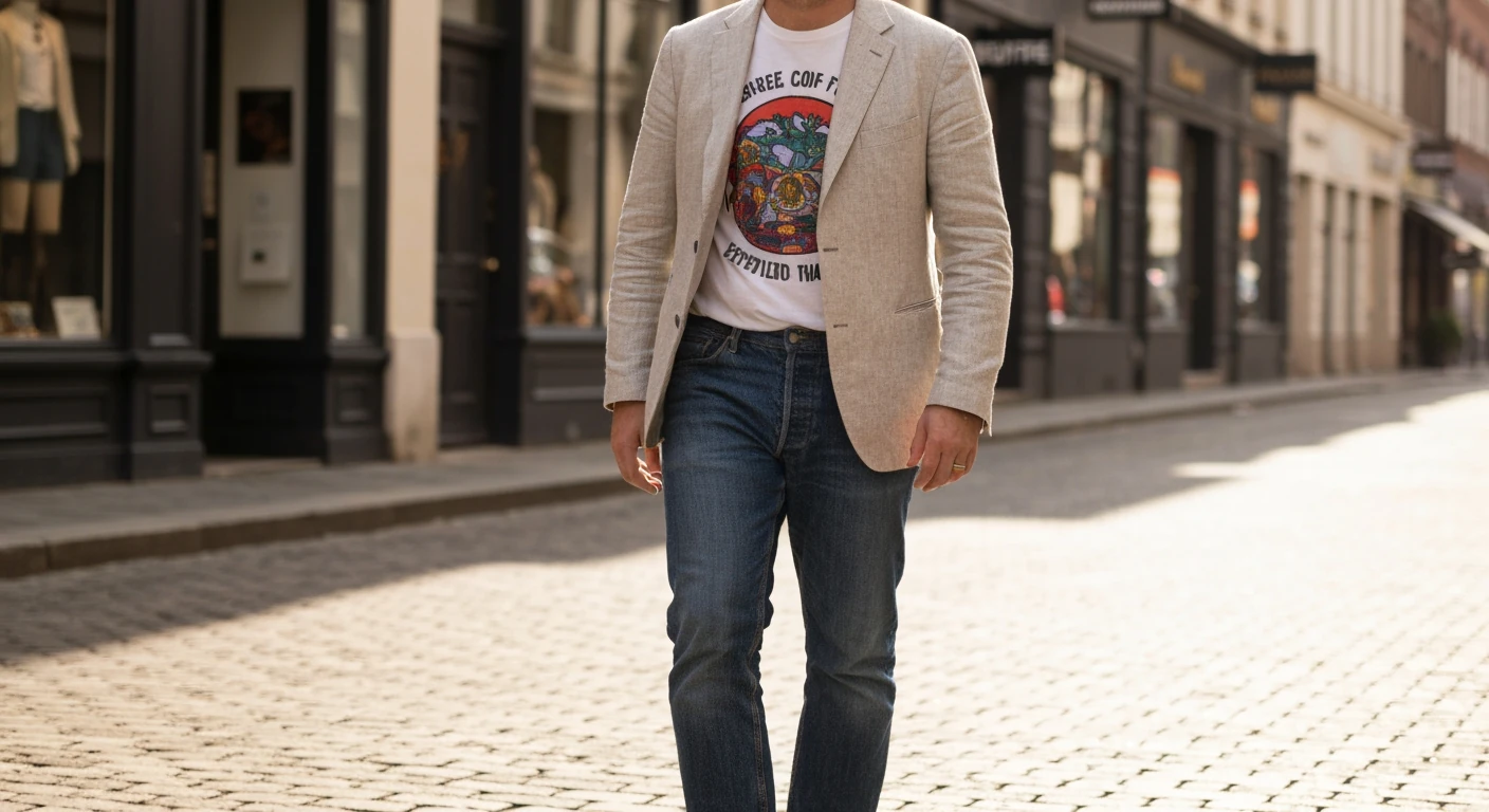 A person walking confidently down a sun-dappled cobblestone street, their back to the camera, showcasing tailored linen, graphic tee, and vintage denim, embodying authentic personal style.