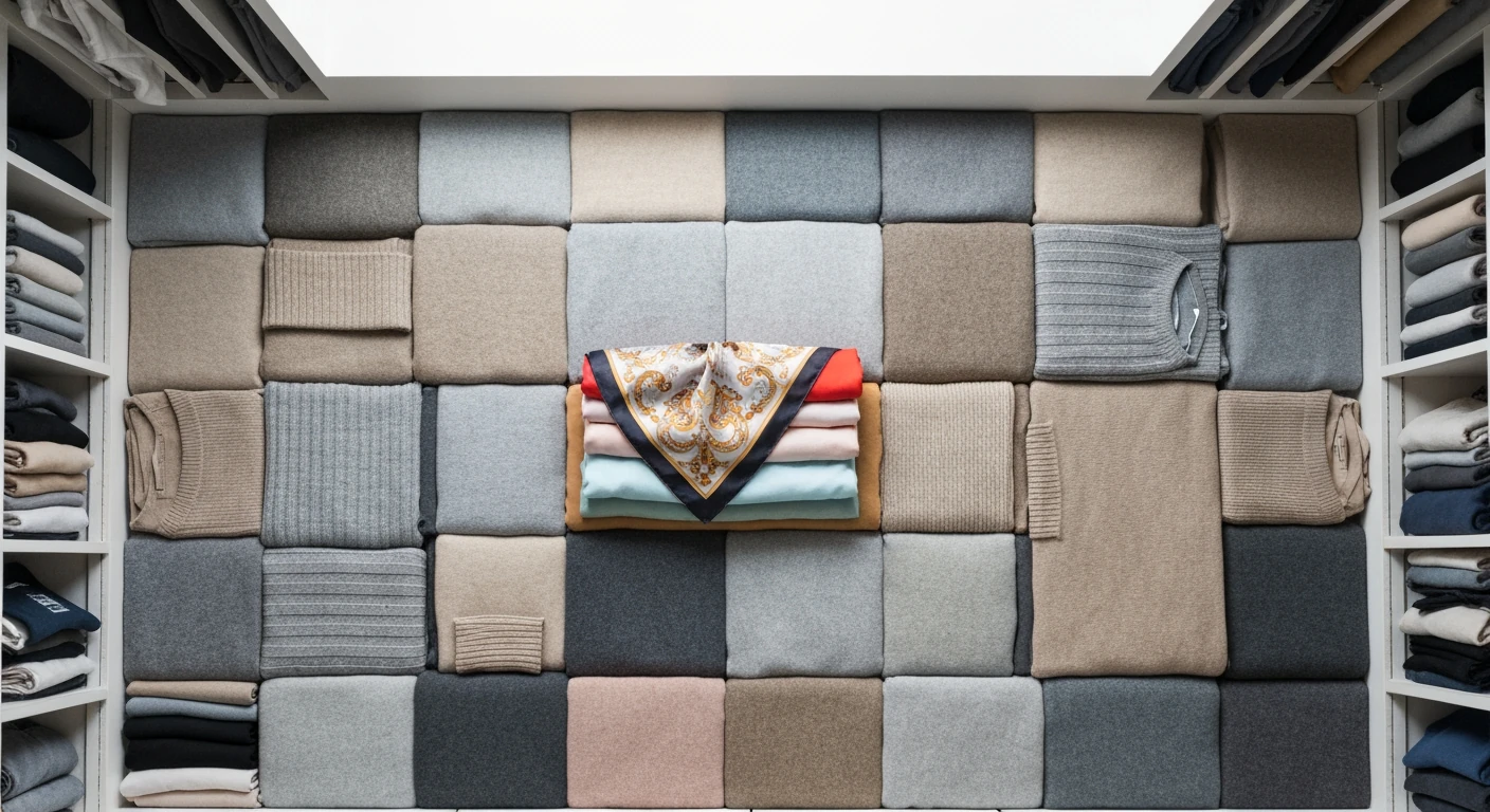 Aerial view of a walk-in closet with folded loungewear, knit sets, and colorful clothes arranged in geometric patterns, showcasing current fashion trends.