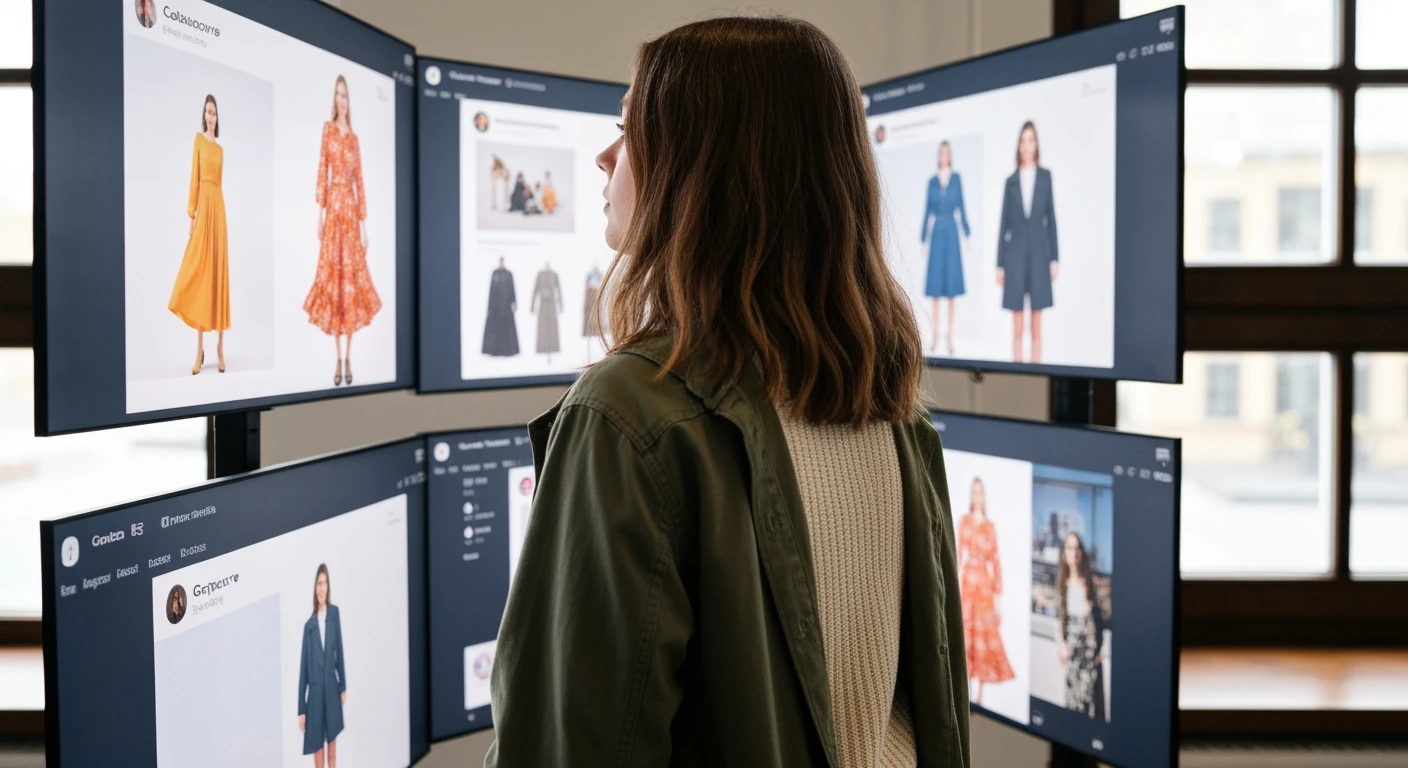 A stylish young woman interacting with multiple digital screens displaying diverse fashion trends and social media content, illustrating the evolution of style inspiration.