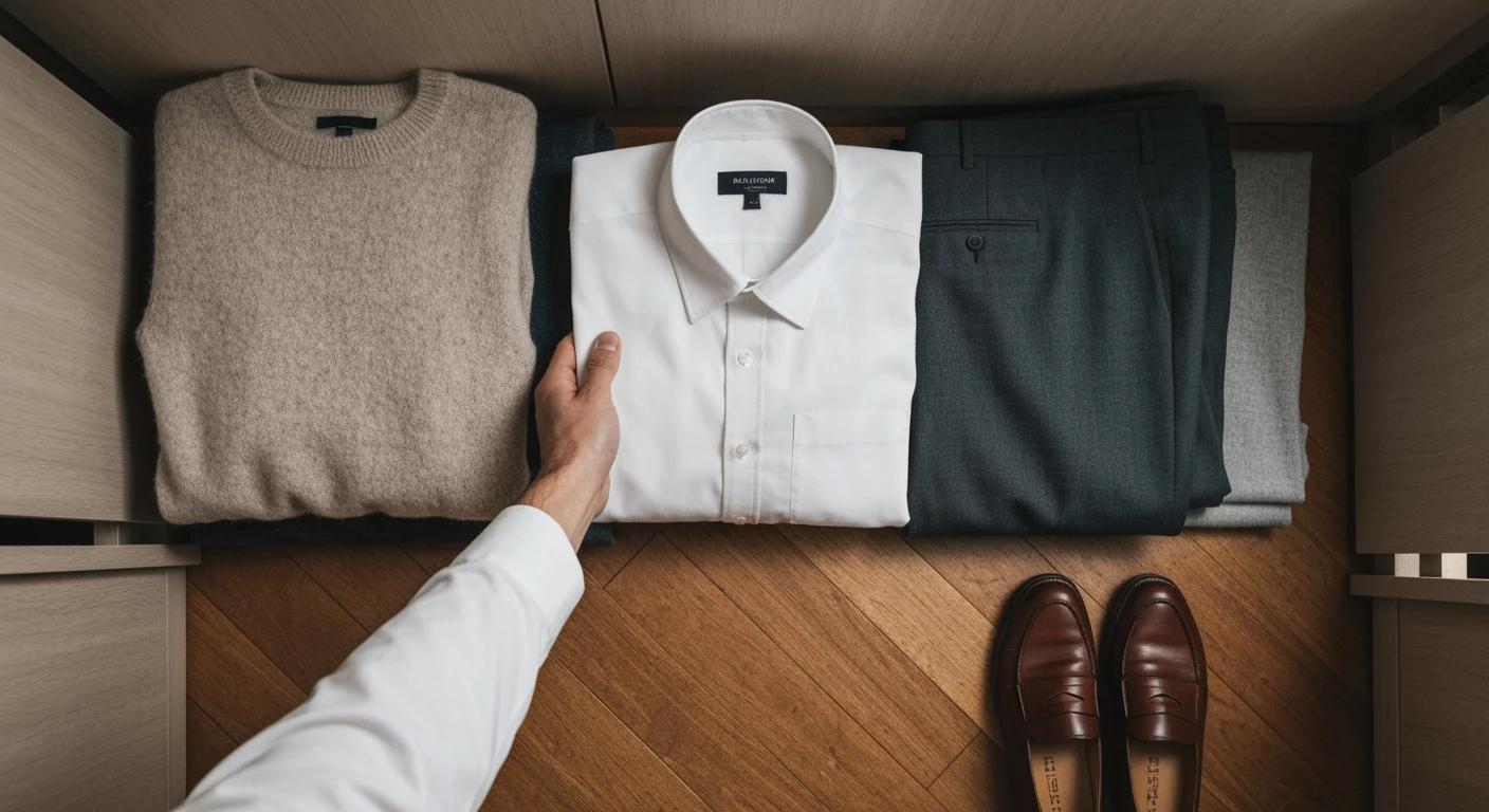 An overhead view of a well-organized capsule wardrobe with a hand reaching for a white button-down shirt, surrounded by neutral-toned, versatile clothing items.