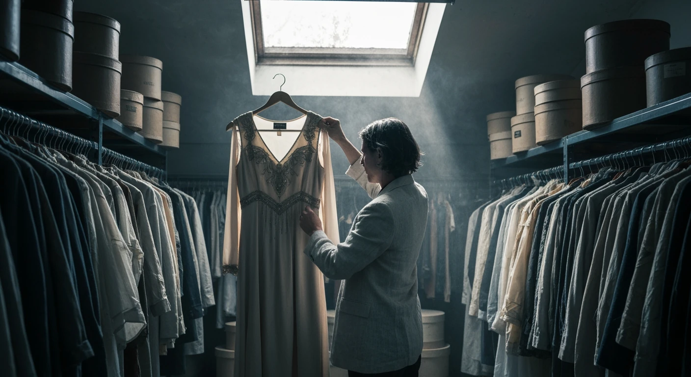 Person in a vintage archive, comparing a 1920s flapper dress to a modern linen blazer, illustrating authentic style inspiration and adaptation.