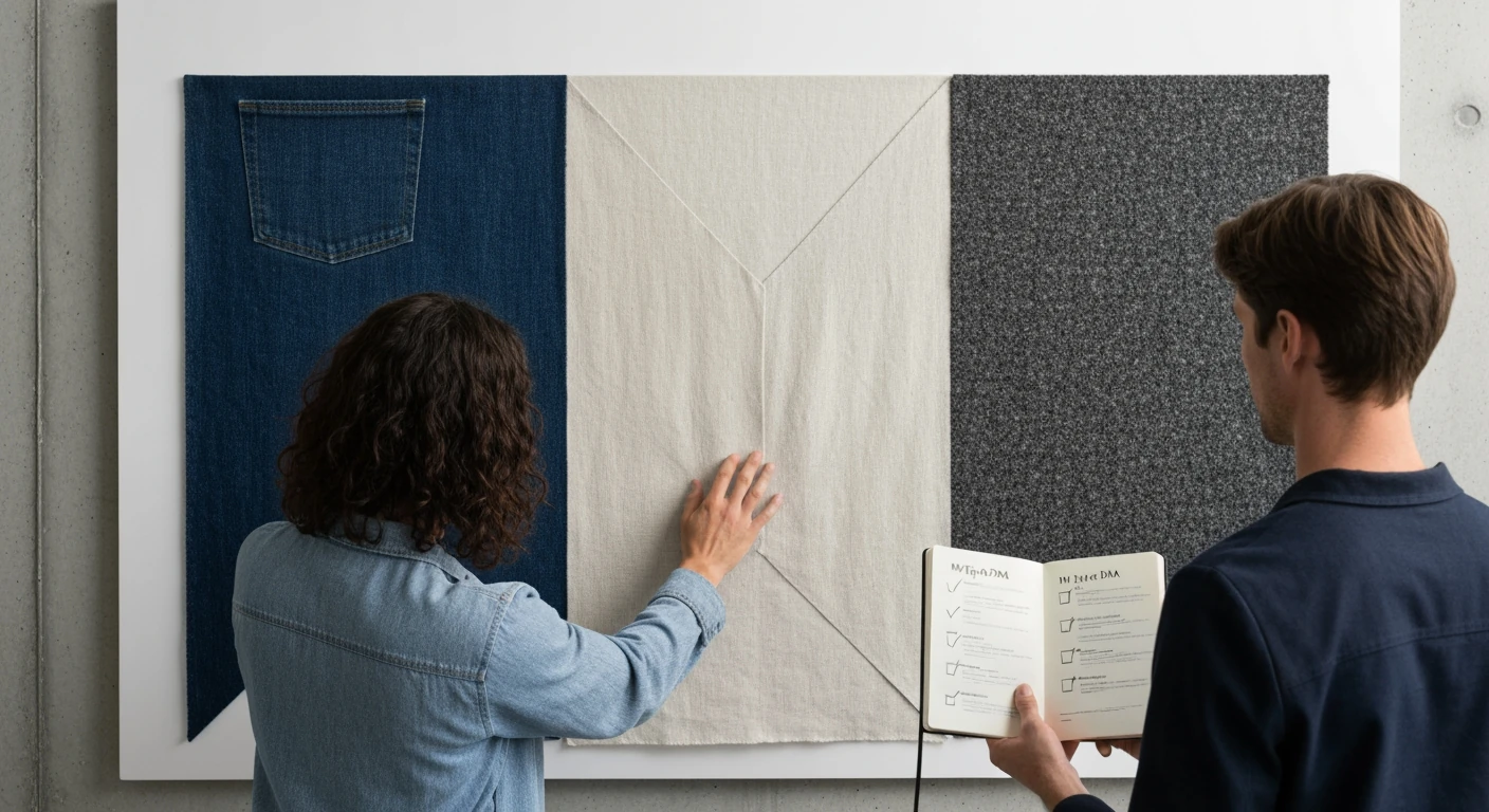 Person examining fabric swatches of indigo denim, cream linen, and charcoal wool, holding a style self-assessment checklist, representing the process of identifying personal style DNA.