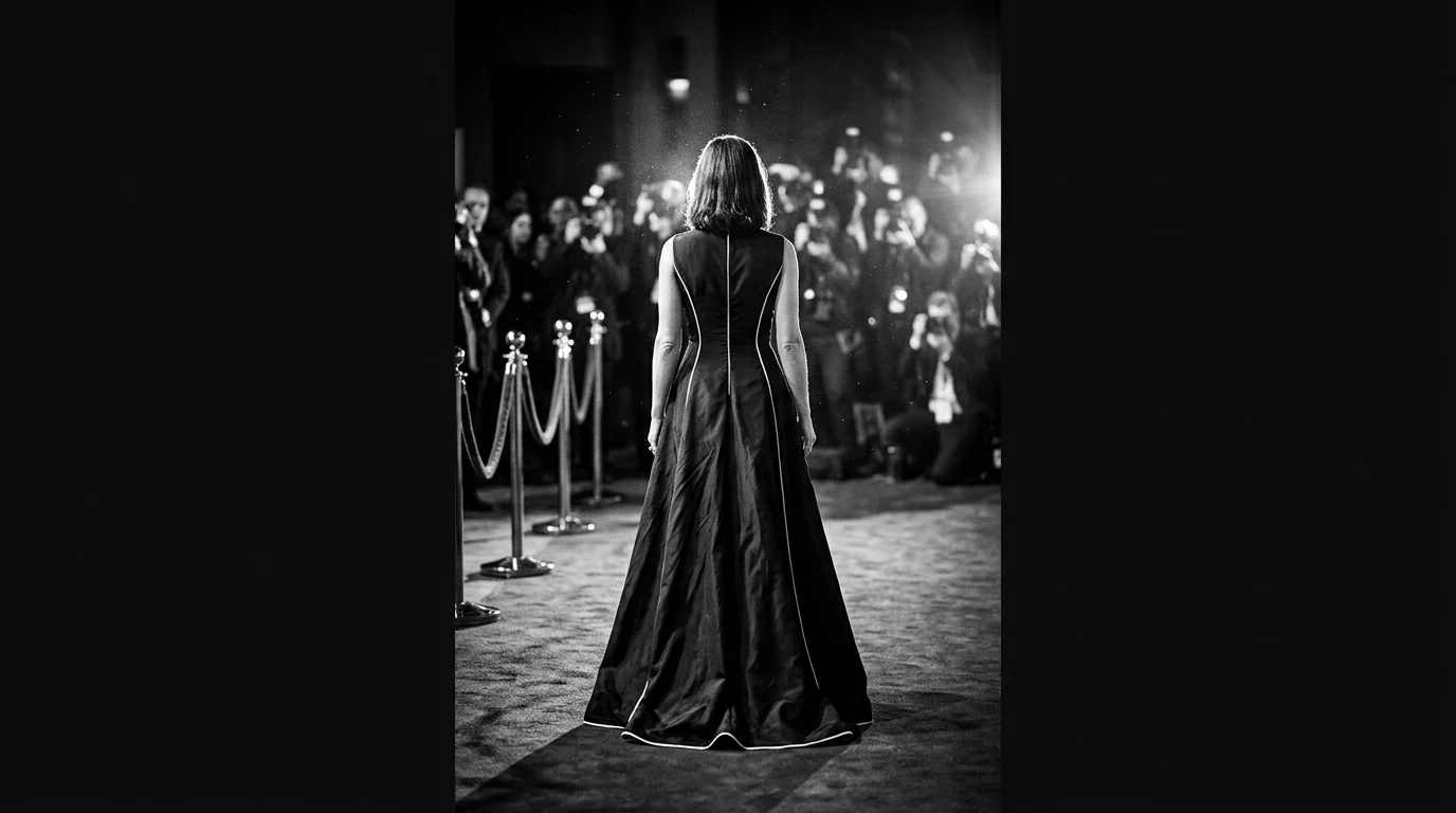 Woman in a black vintage Valentino gown from behind, walking on a red carpet towards flashing lights, embodying celebrity fashion influence.