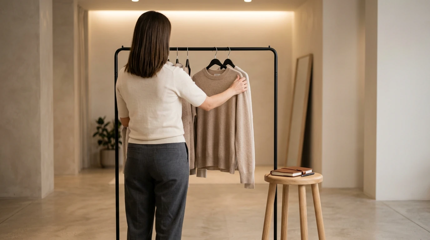 A person assessing their wardrobe, touching a cashmere sweater, journal on a stool, reflecting on personal style.