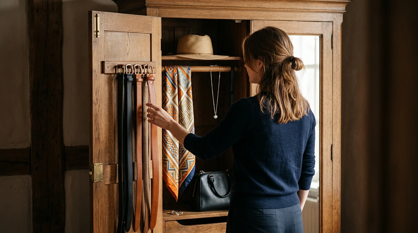 Person selecting a cognac leather belt from an antique armoire filled with fashion accessories like silk scarves, a straw hat, and a structured handbag, illuminated by soft window light.