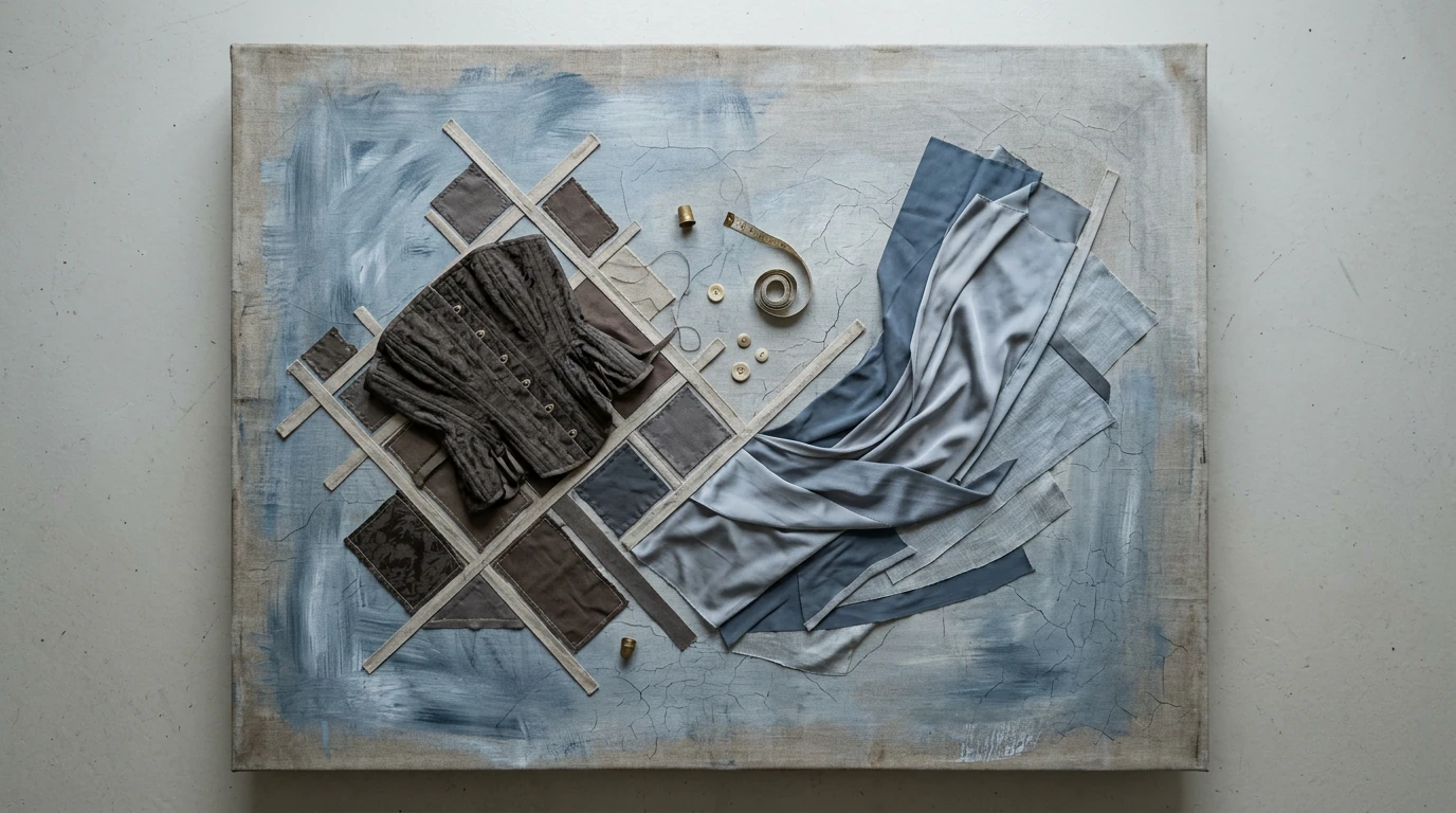 Aerial view showcasing the evolution of women's fashion through abstract geometric patterns formed by deconstructed historical corsetry and modern flowing fabrics, symbolizing societal shifts.