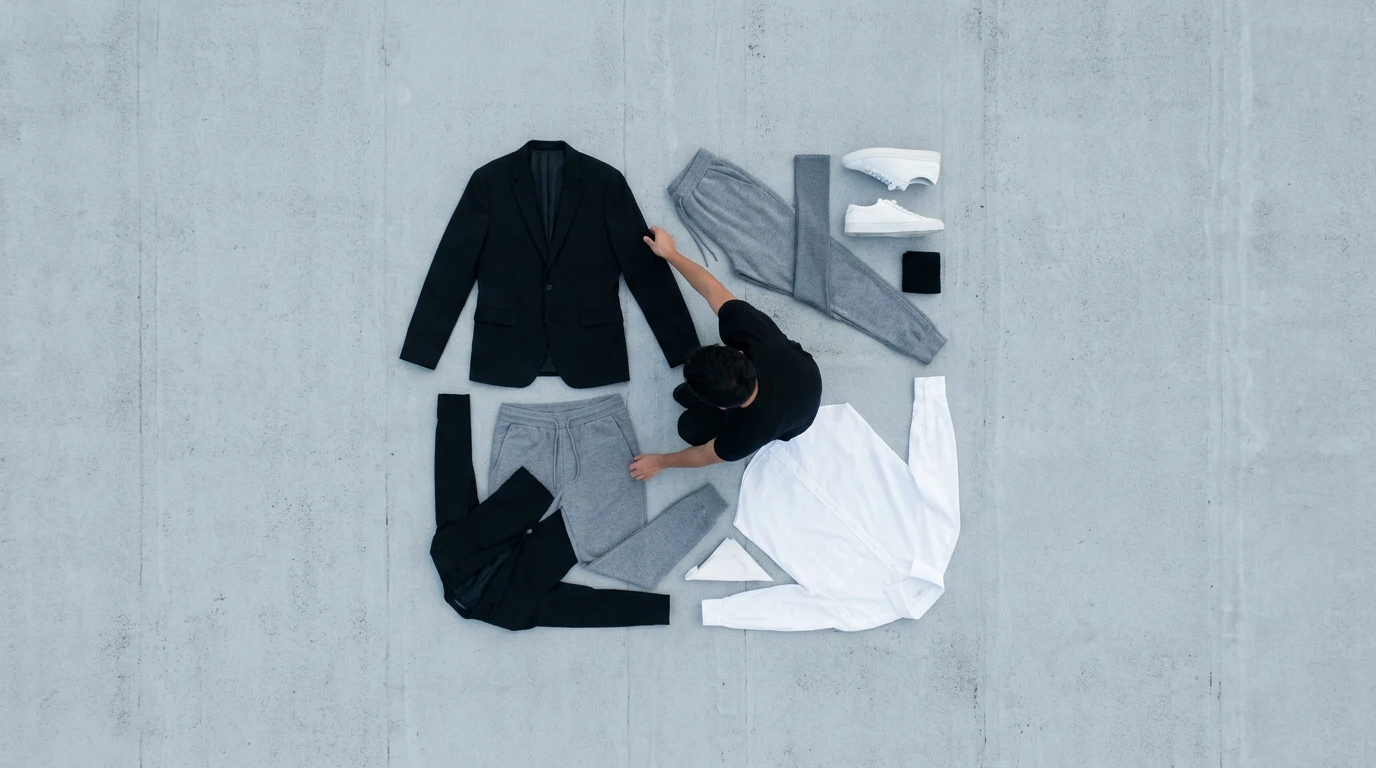 Aerial view of a person arranging versatile everyday fashion pieces like a blazer, joggers, and sneakers into a geometric pattern on a city rooftop.