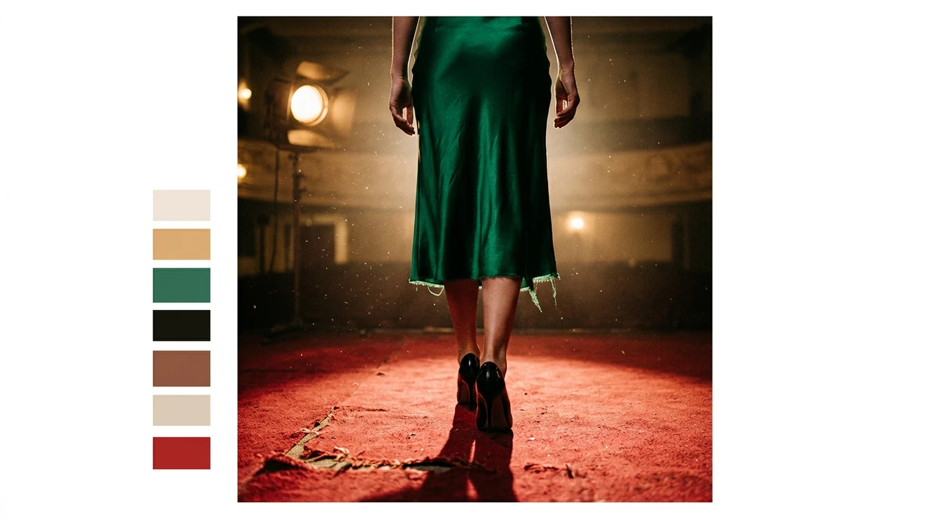 A woman in an emerald green satin skirt and black stilettos walks a worn red carpet, symbolizing celebrity fashion's enduring influence on women's style.