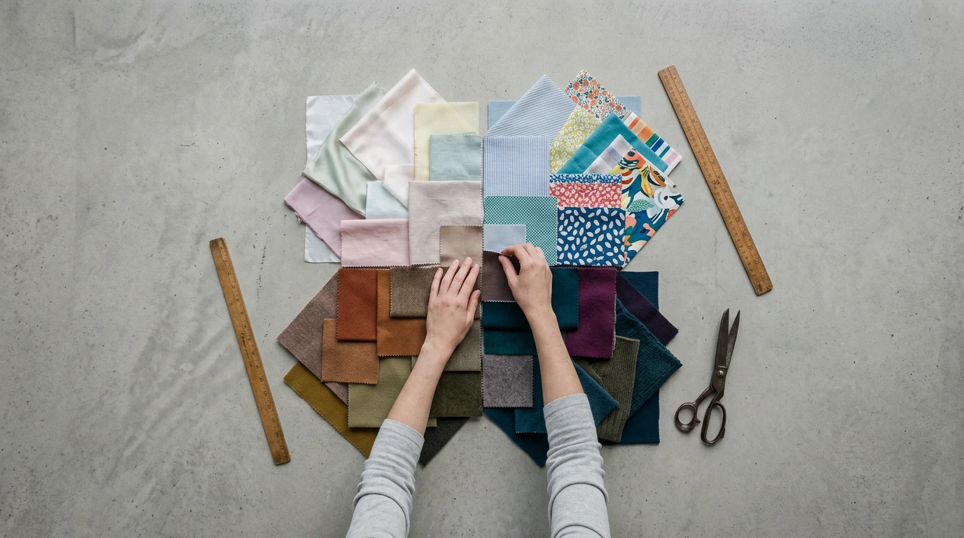 Aerial view of hands arranging seasonal fabric swatches on a concrete surface, showcasing materials for spring, summer, autumn, and winter wardrobe planning. Includes silk, cotton, wool, and cashmere textures.