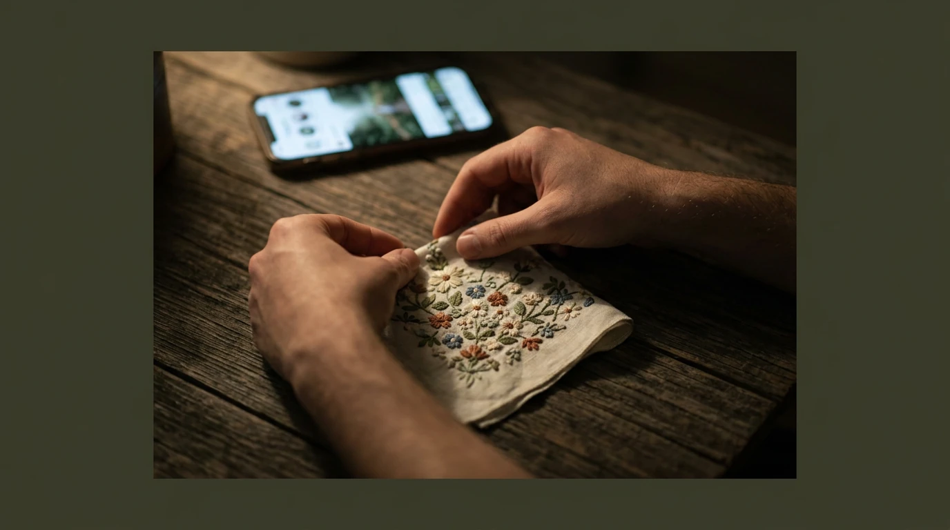 Hands arranging a cottagecore-inspired embroidered linen handkerchief on a dark wooden table, with a blurred smartphone screen showing nature imagery in the background, illustrating social media's influence on fashion trends.