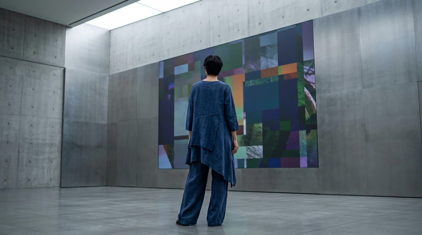 A person viewed from behind, wearing a flowing indigo linen outfit, stands before a minimalist gallery wall displaying shifting geometric fashion inspirations, symbolizing modern style evolution.
