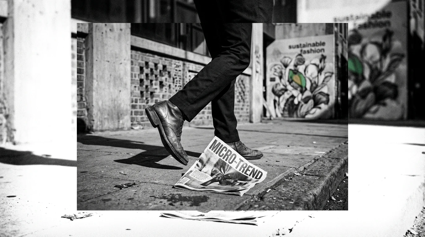 A person's legs in tailored trousers and worn leather boots stride across a city sidewalk, partially covering a crumpled fashion magazine, symbolizing the fleeting nature of micro-trends against a backdrop of a 'sustainable fashion' mural, representing macro-trends.