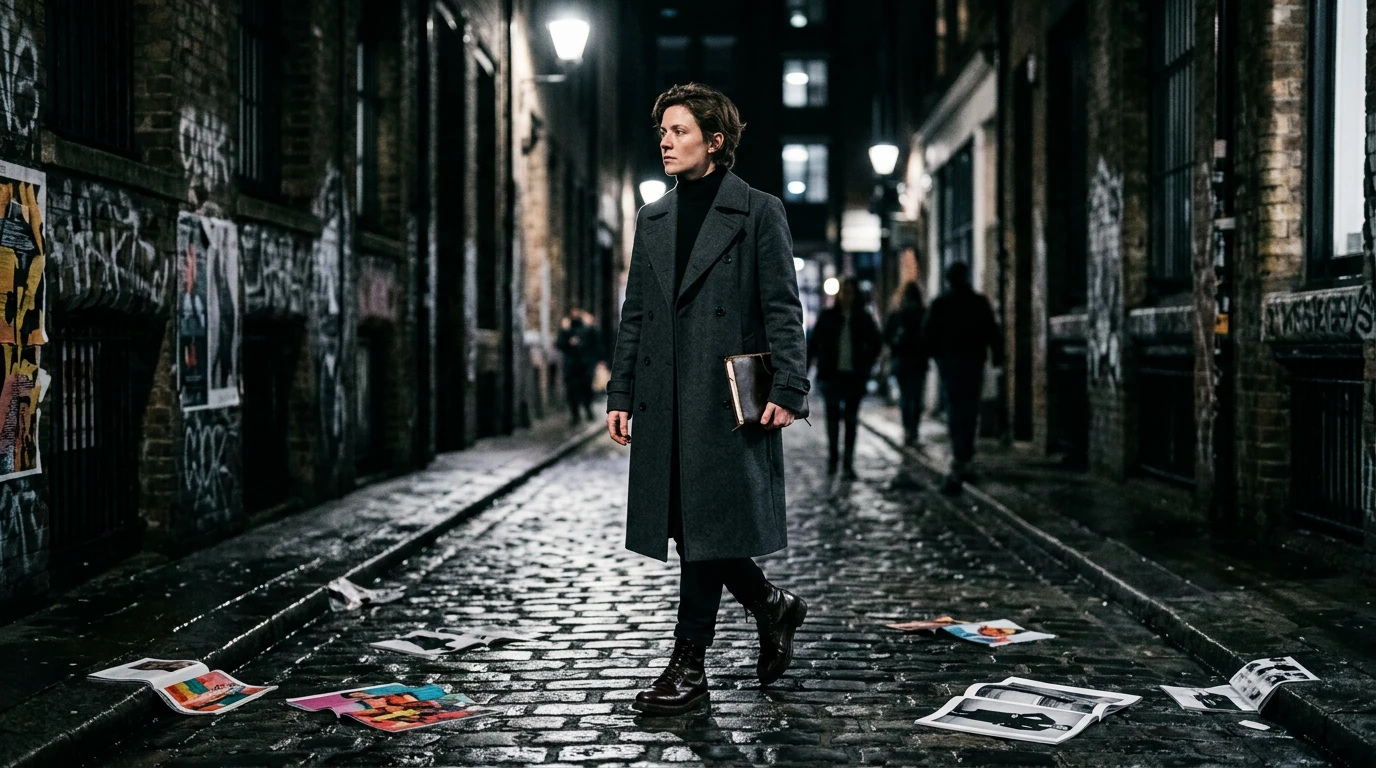 A fashion analyst walks through a gritty urban alleyway, observing discarded fashion magazine pages, representing the distinction between genuine style shifts and fleeting fads in women's fashion.