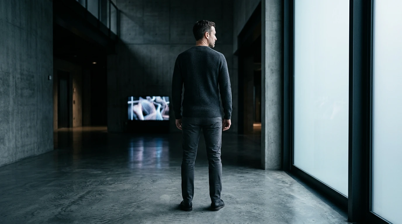 Man in elegant merino wool sweater and tailored chinos, standing in a minimalist concrete space, contemplating emerging men's fashion trends under dramatic chiaroscuro lighting.