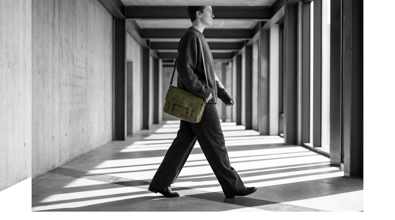A person embodying authentic personal style, walking through a modern architectural space, showcasing how street style influences mainstream fashion.