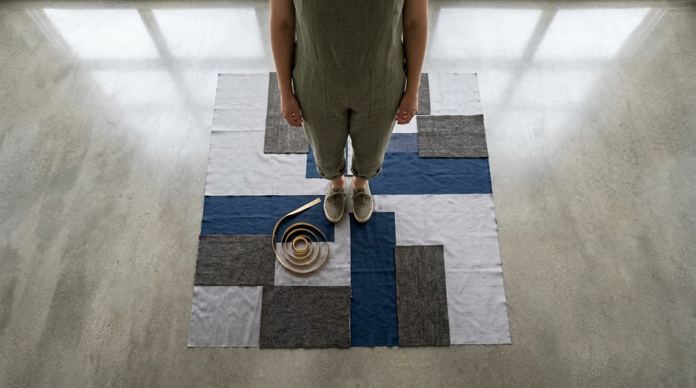 Aerial view of a person defining personal style on a geometric pattern of fabric swatches on concrete, symbolizing self-exploration and authentic choices.