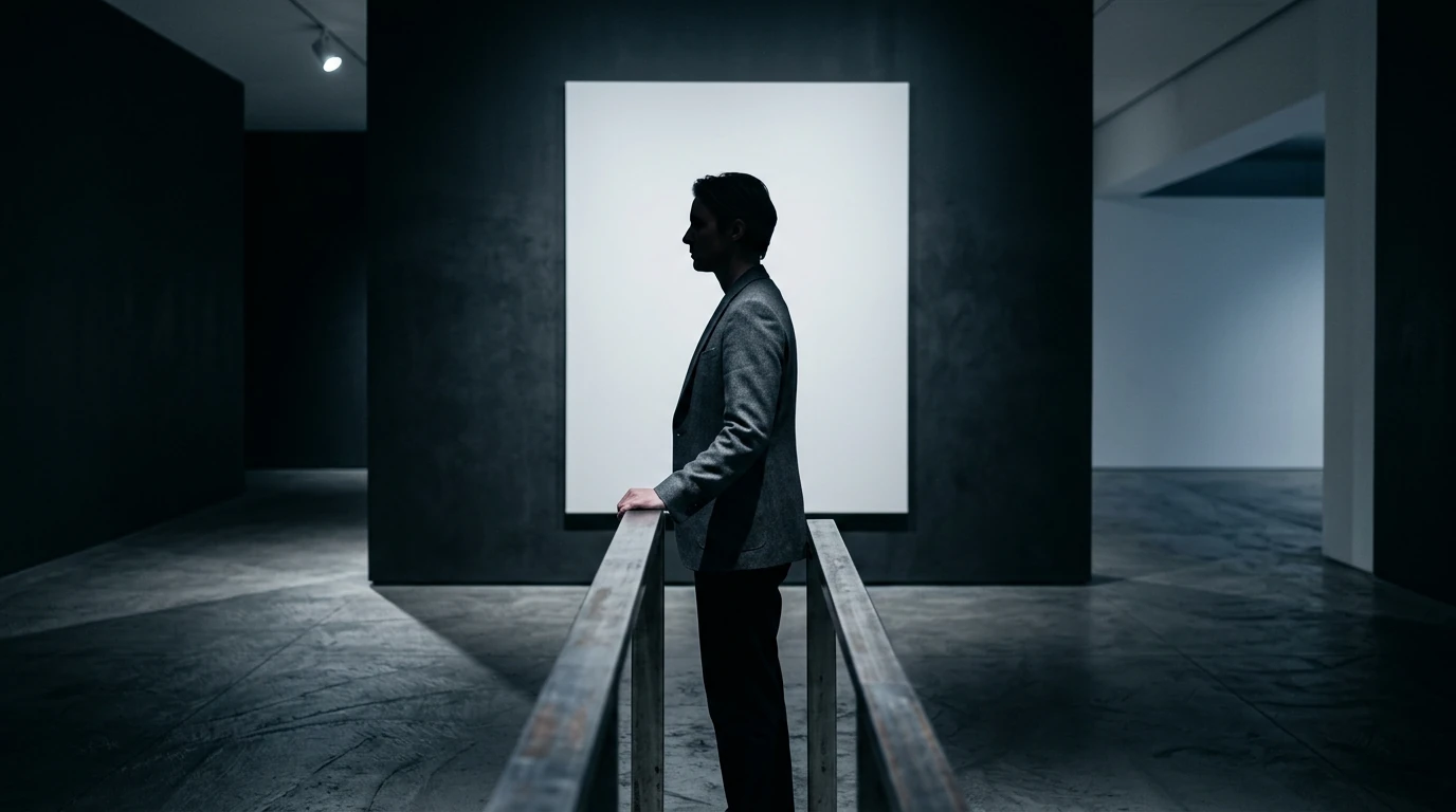 A thoughtful individual in a minimalist art gallery, reflecting on personal style as an expression of identity, illuminated by dramatic chiaroscuro lighting.