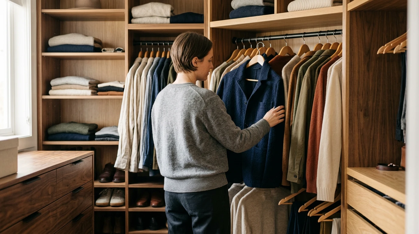 A person evaluating clothing in a closet, reflecting on personal style and confidence, under warm, diffused natural light.